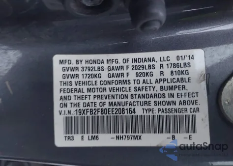 2014 Honda Civic Ex from USA, damaged, VIN 19XFB2F80EE208164